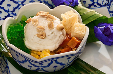 Coconut ice cream dessert at a Thai restaurant in Phuket