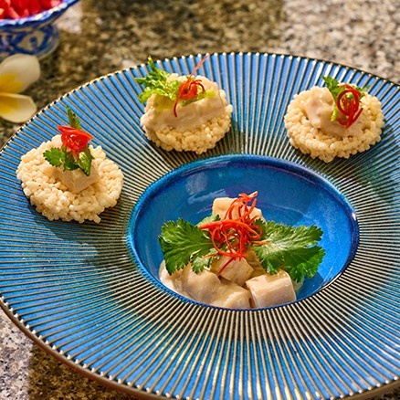 Crispy rice with scallops at our fine dining restaurant in Phuket