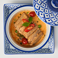 Gaeng Phed Ped Yang made at our Phuket cooking class