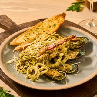 Seafood cashew pesto pasta