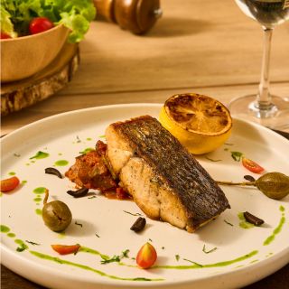Pan-Fried Sea Bass, Caponata & Herbs Oil 
